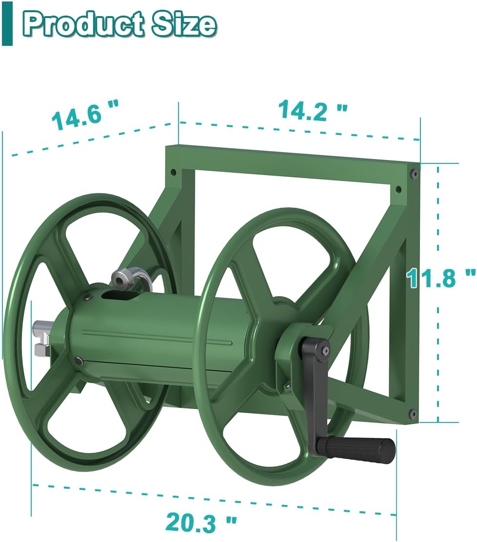 Garden Hose Reel Wall Mounted, Outdoor Heavy Duty Powder Coated Metal Water Hoses Holder Winder Holds 125 ft 5/8" Hoses