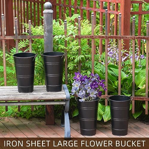 Notakia 12 Inch Large Galvanized Metal Vases Farmhouse French Flower Bucket Vases for Cut Flowers for Home Decor and Wedding Table Centerpiece Decorations (Large Blcak 4Pcs)