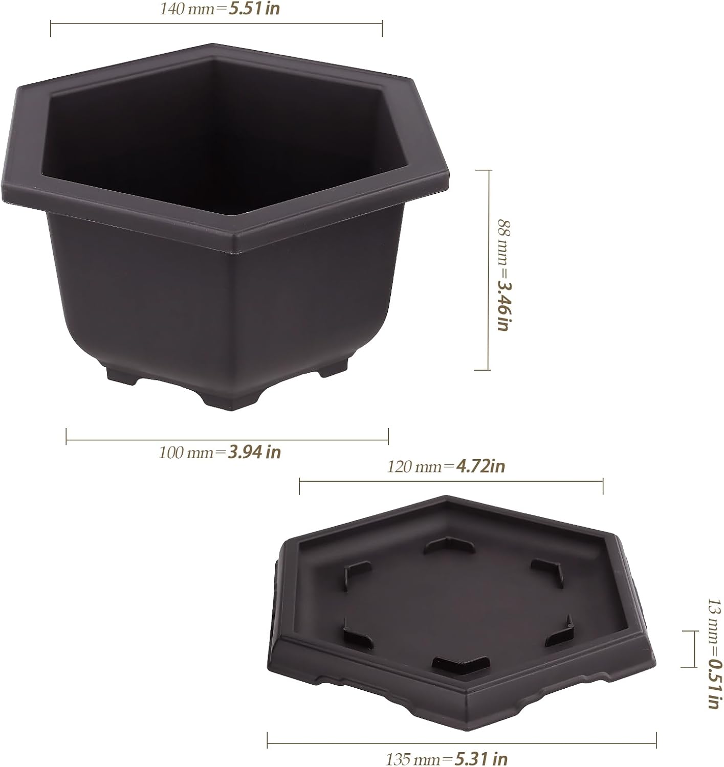 10 Pack 5.5 Inch Bonsai Pots, Hexagon Built in Mesh Plastic Bonsai Training Pots with Trays, Plant Flower Tree Growing