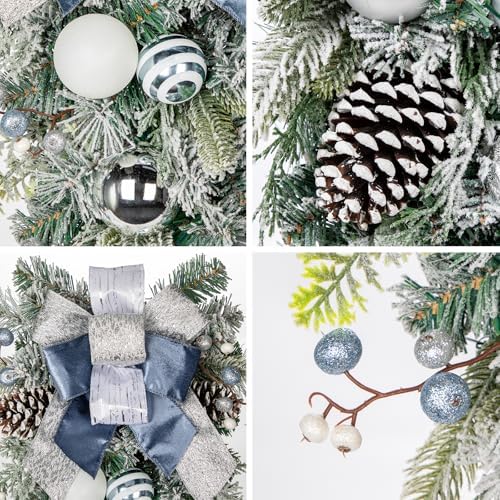 30" Christmas Teardrop Swag for Front Door Artificial Winter Swag Garland with Pine Cones, Berry Clusters, Blue Ball Ornaments and Ribbons for Thanksgiving Holiday Christmas Decoration