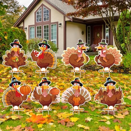 Thanksgiving Plastic Turkey Yard Signs 8pc with Stakes