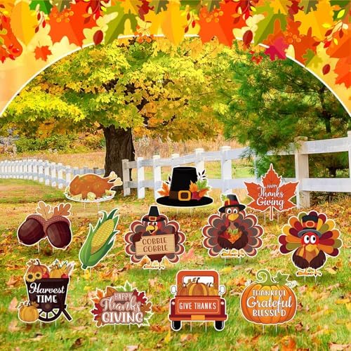 Threehoney 12 Pcs Thanksgiving Yard Signs with Stakes