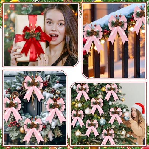Syhood 6 Pcs Christmas Bows Xmas Velvet Bows Tree Decor, Pink