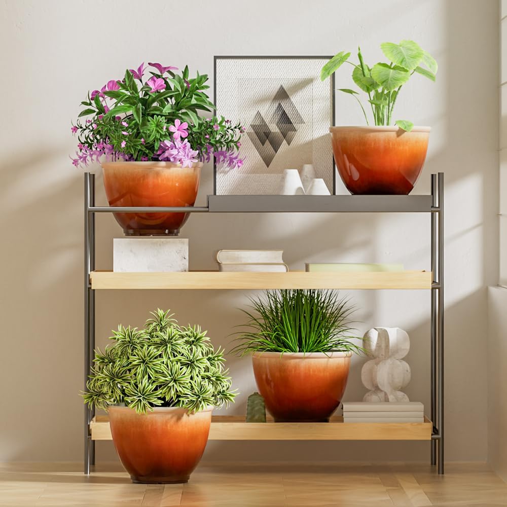 8 Inch Plant Pots Glazed Ceramic Look Planters with Drainage Hole,4 Pack | Modern Decorative Flower Pots for Indoor