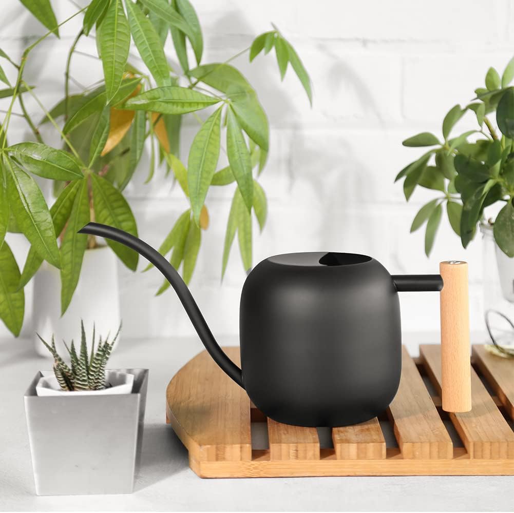 Watering Can 45 oz Long Spout Wooden Handle Stainless Steel | Houseplants, succulents, herbs, bonsai, precise pouring