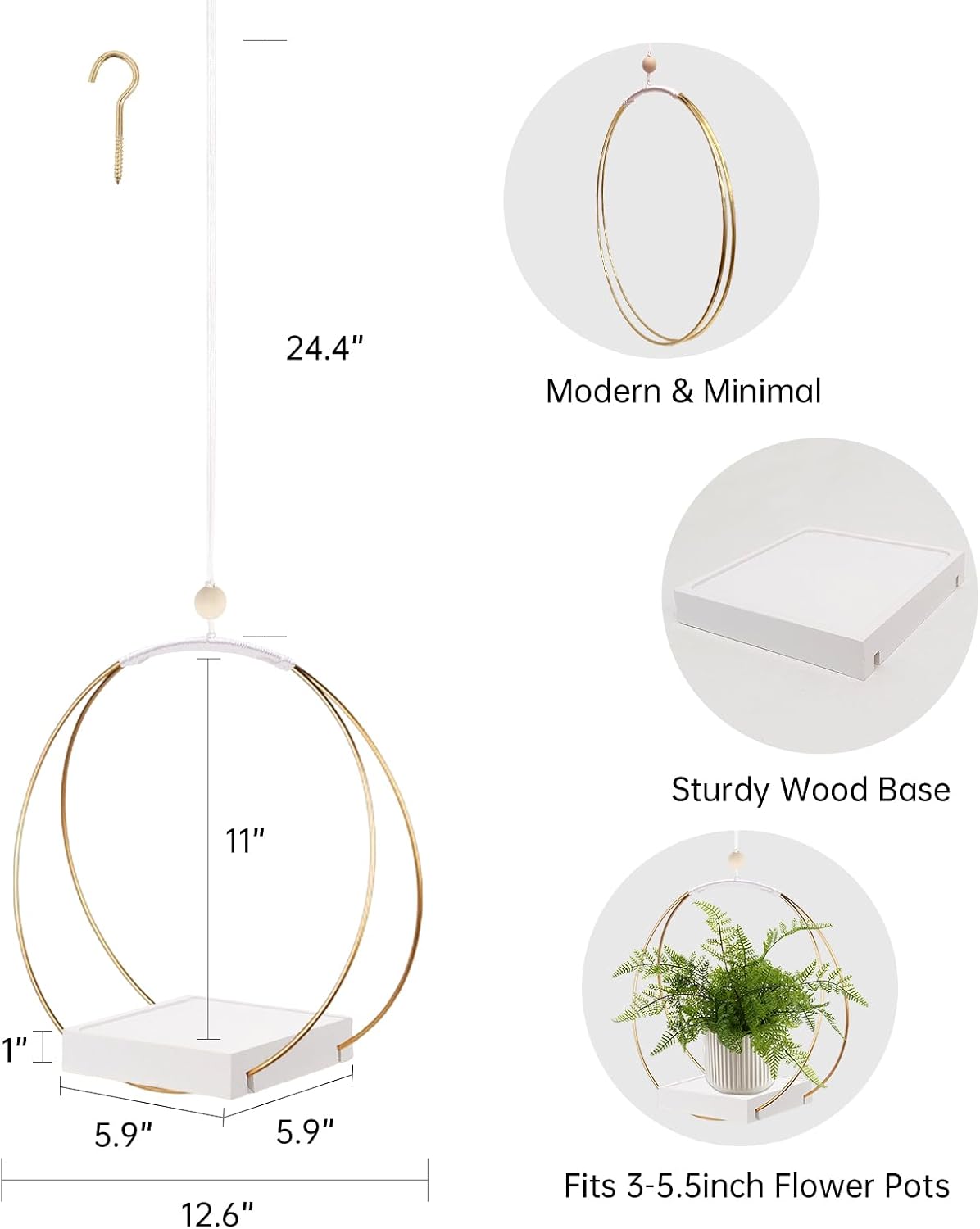 hismocal 2 Pack Hanging Planter Holder for Indoor Plants, Plant Hanger with Sturdy Wood Base,Modern Boho Macrame Wall