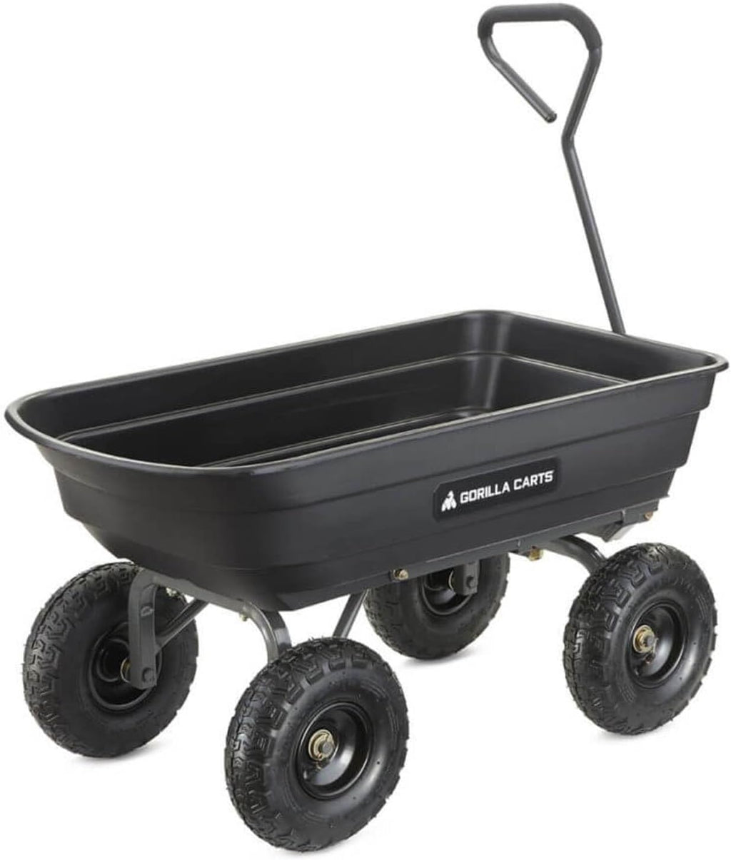 Gorilla Carts Heavy-Duty Poly Garden Dump Cart, 4 Cu Ft, 600 lb Capacity | Pneumatic Tires, Patented quick-release