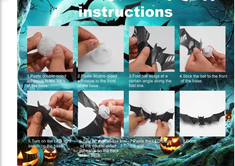 Spooky Glow 3D LED Bat Wall Decor, Halloween Lighted Flashing Bats (24Pcs)