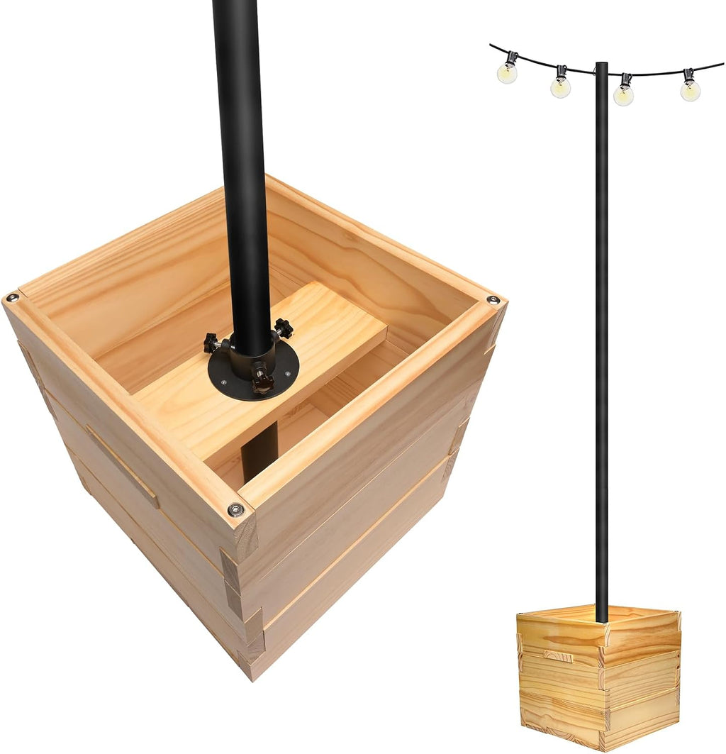 Large Decorative Wooden Planter with Universal Pole Support for String Light Poles, Umbrellas, Bird Feeders. Solid Wood