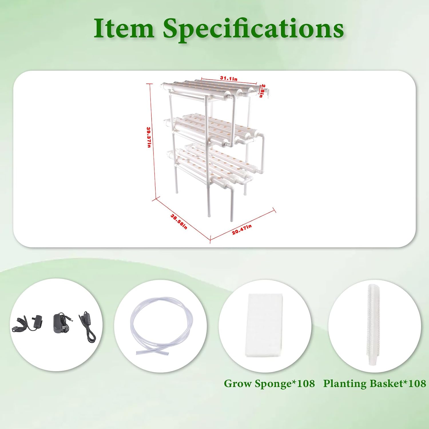 Hydroponic Grow Kit, 3 Layer 108 Plant Sites 12 Food-Grade PVC-U Pipes Hydroponics Planting System with Water Pump