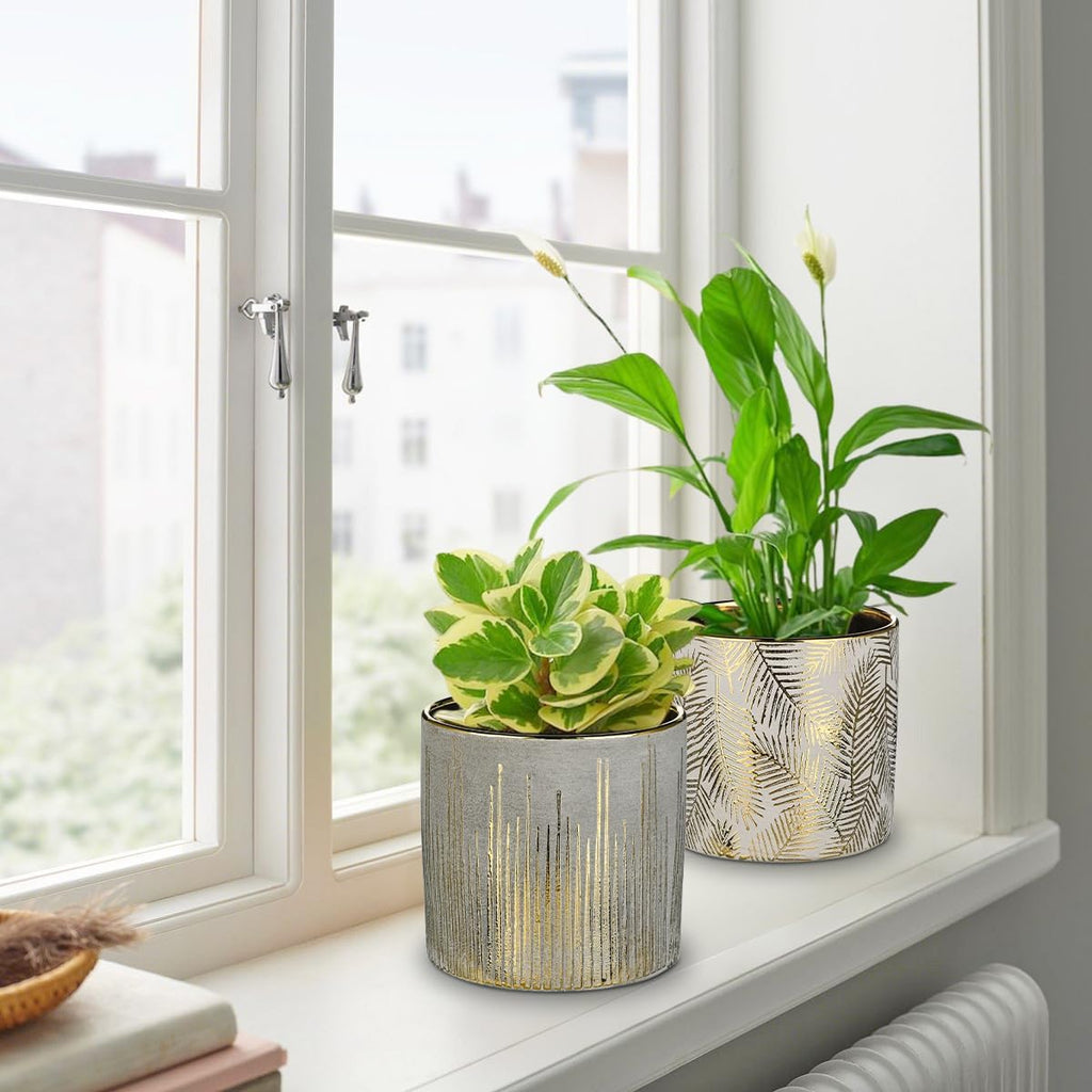 Oairse Small Ceramic Pot for Indoor Plants, 5.3 inch Plant Pot with Drainage Hole Decorative Texture Gold Planter