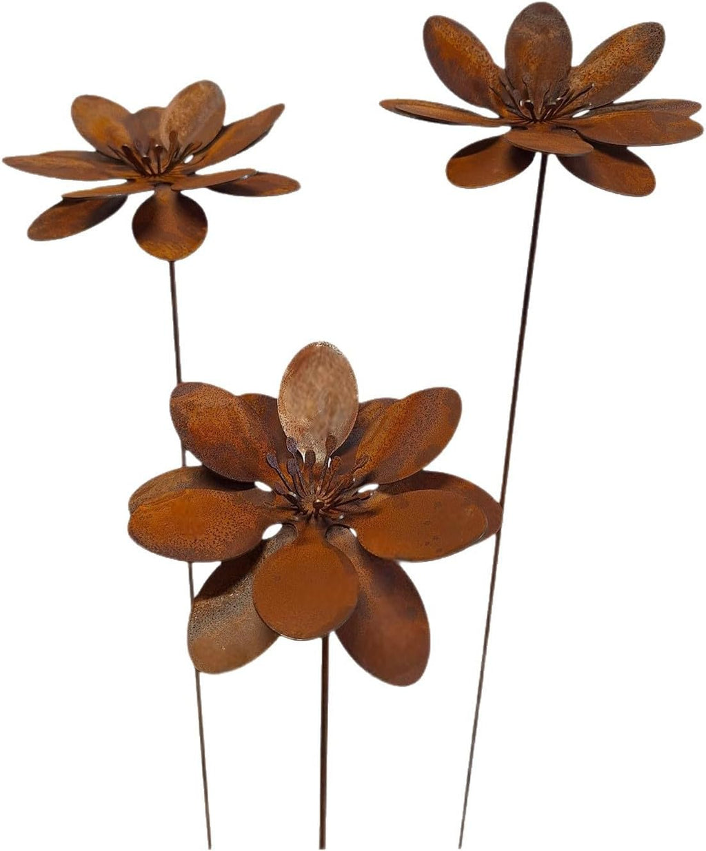 Rustic Metal Coneflower Garden Stakes, Set of 3, Rusted Iron Daisy Yard Art, 14x4 Inch, Weather-Resistant Lawn Pathway