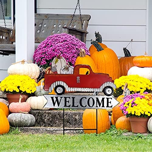 Morning View Red Pickup Truck Yard Stakes Welcome Sign Metal Garden Stake Interchangeable Christmas Tree Fall Pumpkin Outdoor Seasonal Yard Art for Lawn Xmas Winter Autumn Holiday 24 Inches