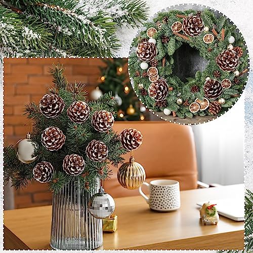 60 Pcs Pine Cones for Christmas Tree 1.38 x 5.1 Inch Frosted Snow Pine Cones Ornaments with Wired Pick for Crafts Holiday Wreath Garland Party Decorations