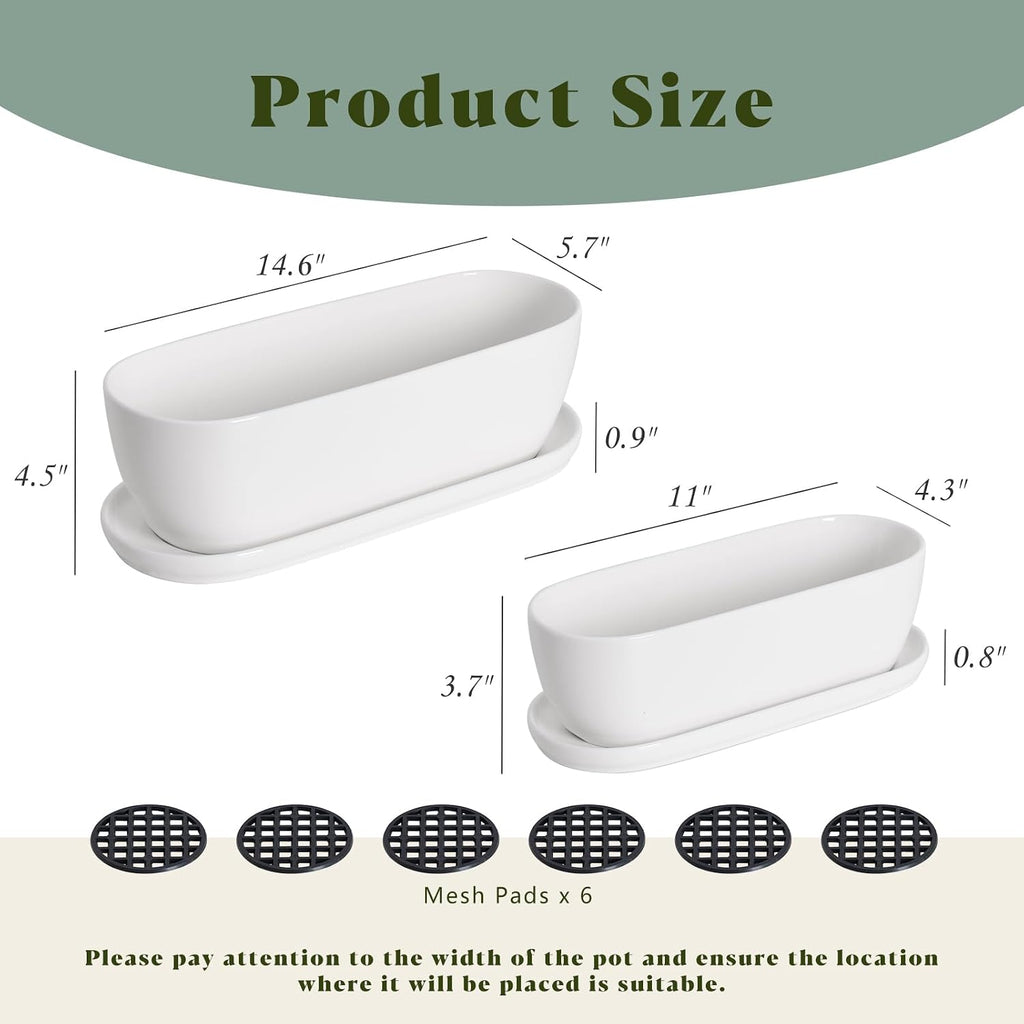 E-liu 11+14 inch Ceramic Plant Pots with Drainage Holes Saucers, Set of 2 | Rectangular Planters Indoor Flower