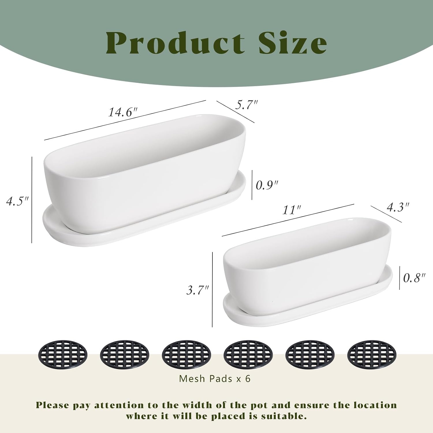 E-liu 11+14 inch Ceramic Plant Pots with Drainage Holes Saucers, Set of 2 | Rectangular Planters Indoor Flower