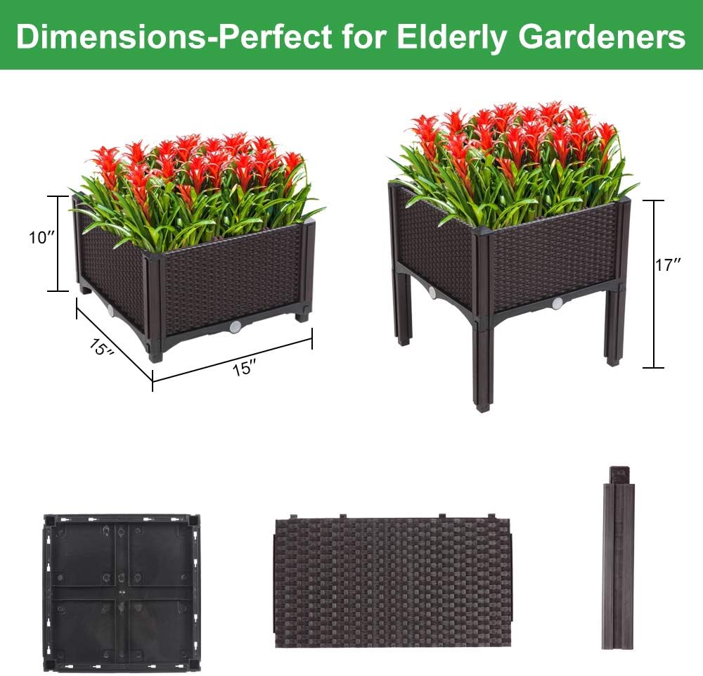 VINGLI Square Raised Garden Bed, Self-Watering Plastic Planter for Indoor Outdoor Vegetables, Fruits, Potato, Flowers