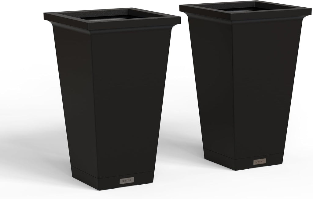 Mayne Renew 24in Modern Tall Square Planter, Black, 2-Pack | All season, Lightweight, Fade resistant, Planting shelf