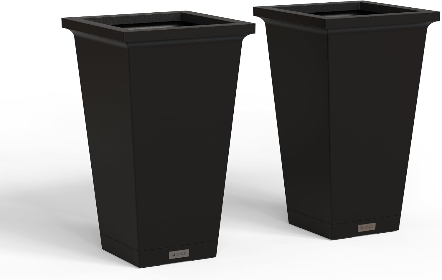 Mayne Renew 24in Modern Tall Square Planter, Black, 2-Pack | All season, Lightweight, Fade resistant, Planting shelf