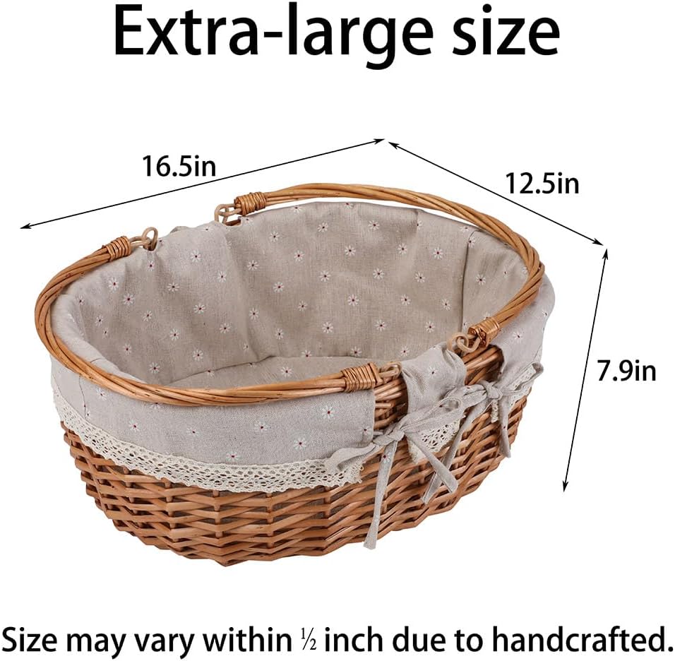 Large Wicker Woven Picnic Basket w/Handle for Camping & Harvest | White Floral Lining, Removable & Washable; Ideal for