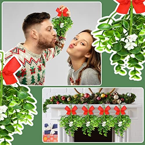 Dingion 18 Pcs Christmas Hanging Mistletoe Decor Ornament with Red Bow