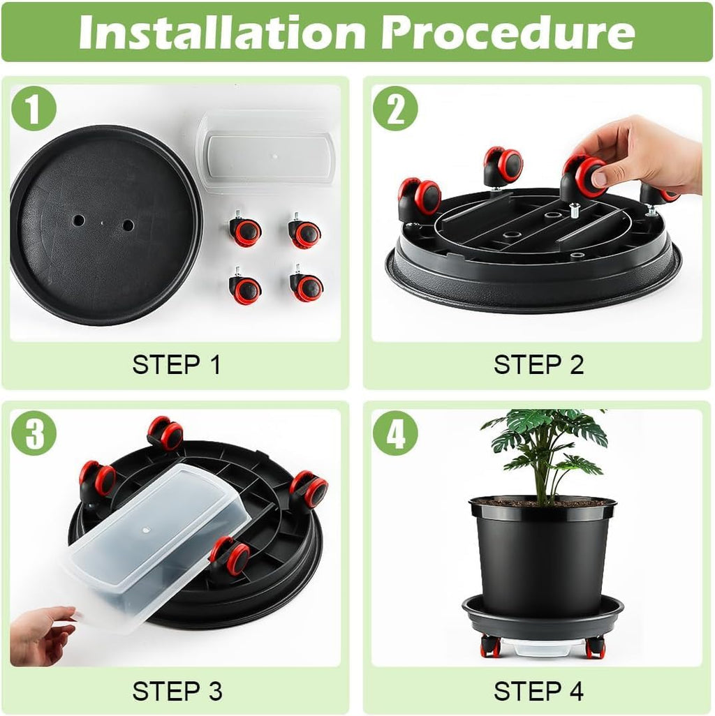 RooTrimmer 4 Pack 13 Inch Plant Caddy with Wheels and Drainage Tray, Gray | Heavy duty rolling plant stand with casters