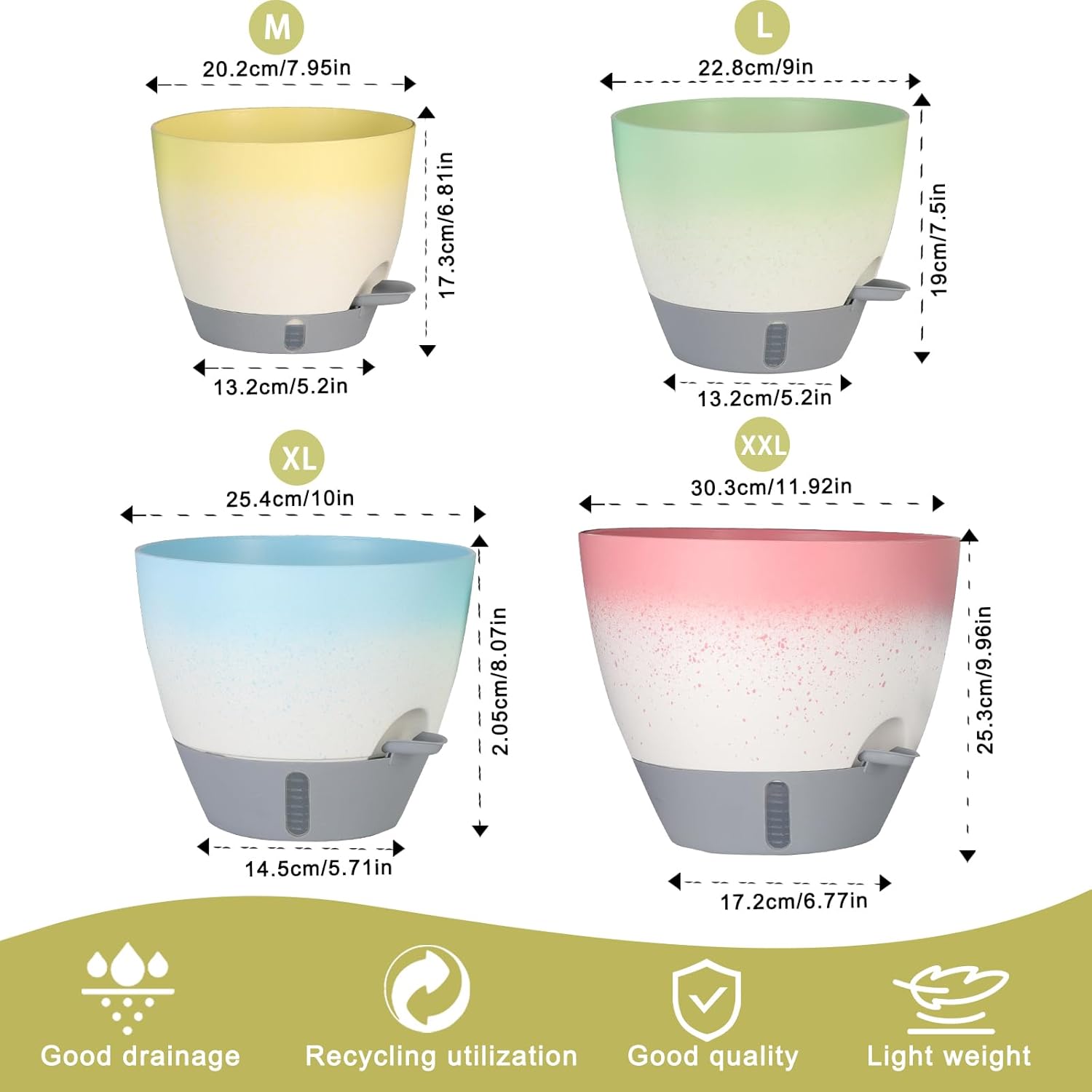 4-Piece Planter Set, 12/10/9/8-inch Self-Watering Pots with Drainage Holes, Deep Trays, Water Level Indicators