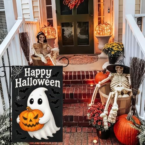 BlissYard Happy Halloween Ghost Pumpkin Garden Flag 12 x 18 Inch