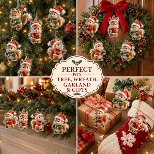 9pcs Christmas Hanging Ornaments Cartoon Craft Supplies Cute Squirrel Designs 2D Acrylic Christmas Hanging Decorations Mini Animal Holiday Hanging Ornaments for Party Accessories