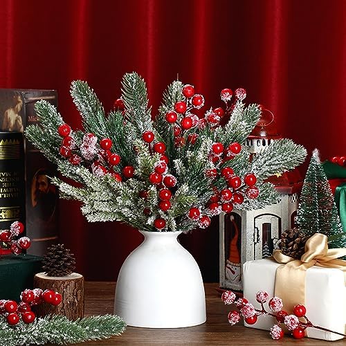 Lyrow 80 Pcs Christmas Picks Sprays, Snowy Berry Pine Branches,Red