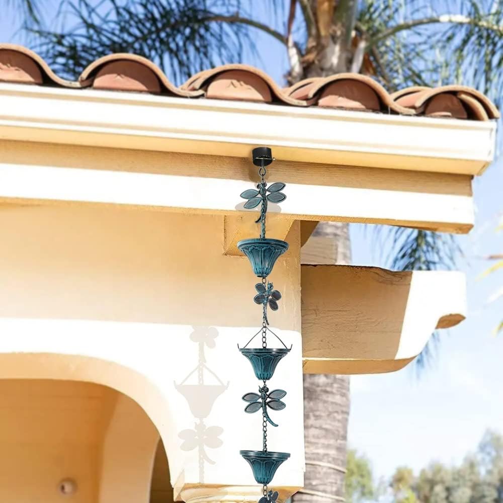 Vindar 8.5 Feet Retro Iron Dragonfly Rain Chain for Gutters Downspouts Uutside, Antique Sky Blue Color 10 Flower Cups