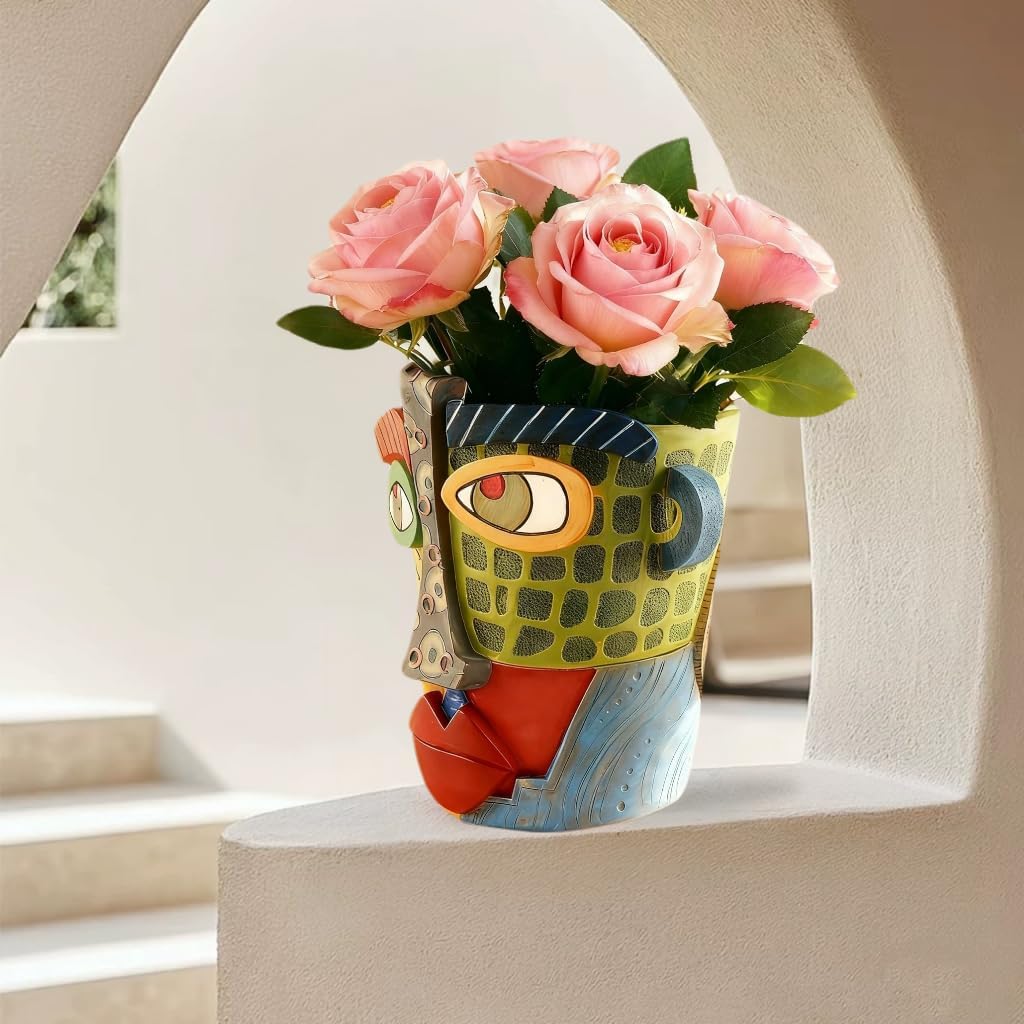 Picasso Abstract Face Flower Pot,Unique Resin Crafted Planter with Drainage Holes,Interesting Colorful Planter with