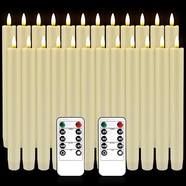 YOROXRG 24 Pack LED Flameless Taper Candles with Timer, Dripless Fake Candlesticks with 3D Flickering Flame, 9.6 Inches White Window Candle for Fireplace Christmas Halloween（Ivory）