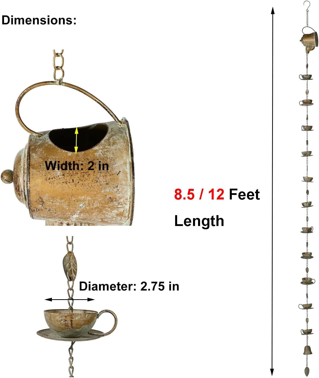 Jemeni 8.5Ft Teapot & Teacups Rain Chain, Rain Chains for Outside | Rain Chain for Gutters, Decorative Downspout