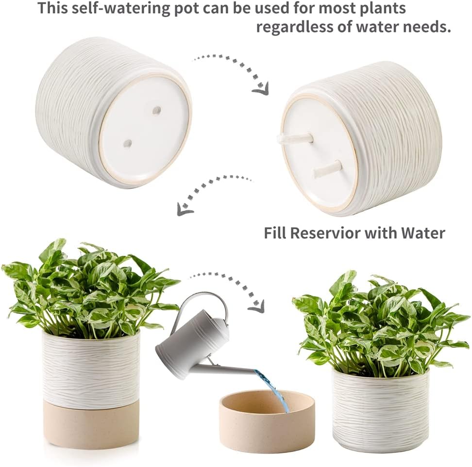 Nihow Ceramic Self Watering Plant Pot for Indoor Plants, 6 Inch,Cream White | Planter with Cotton Wick, Drainage Hole &