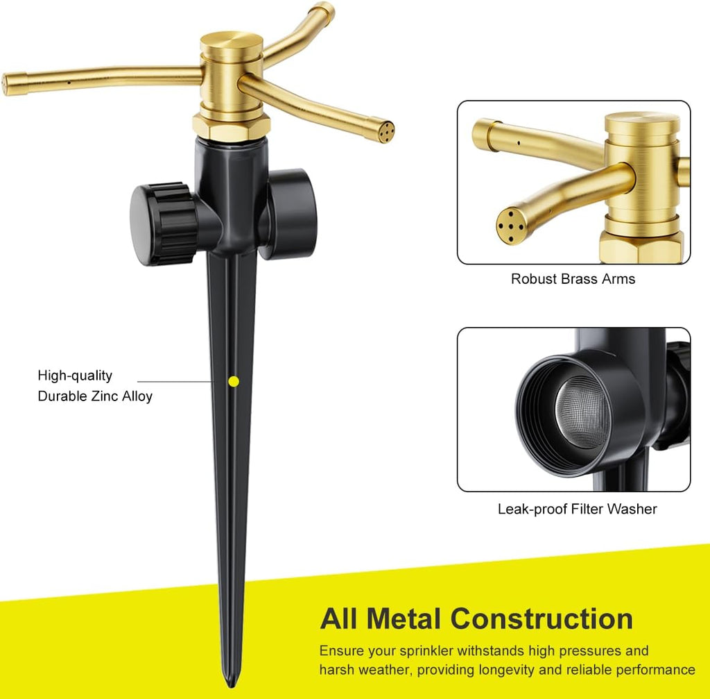 FANHAO 2 Pack Metal Lawn Sprinklers with Spike Base, Heavy Duty Automatic Rotary Garden Sprinkler System, 3-Arm Water