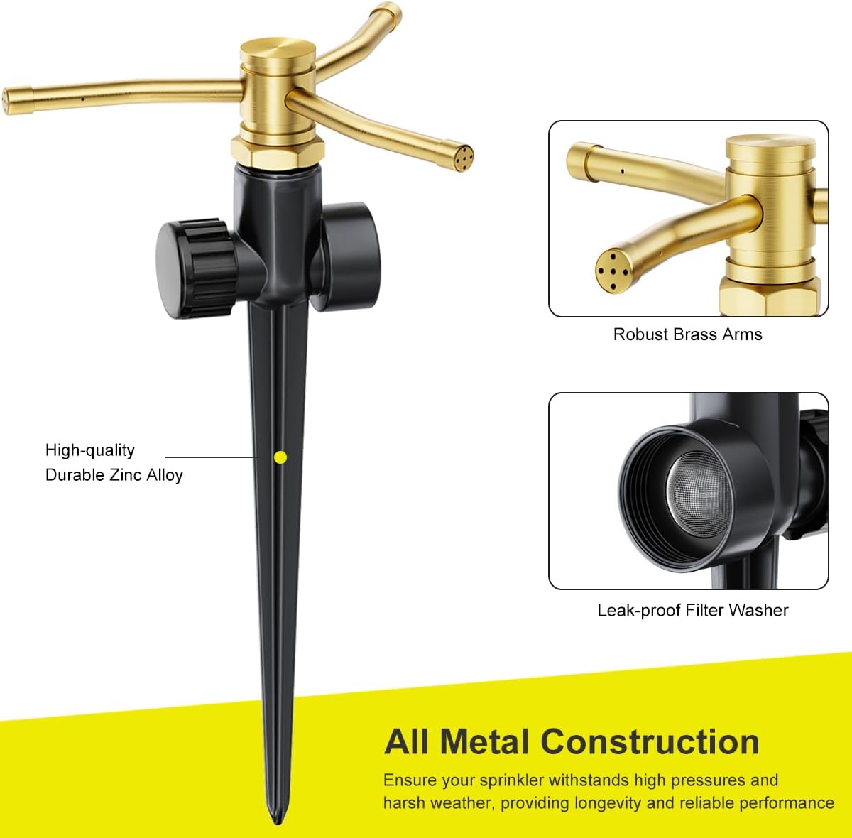 FANHAO 2 Pack Metal Lawn Sprinklers with Spike Base, Heavy Duty Automatic Rotary Garden Sprinkler System, 3-Arm Water