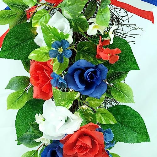 Pre-Lit Patriotic Themed Teardrop Swag, Red White Blue Solar Powered Lights