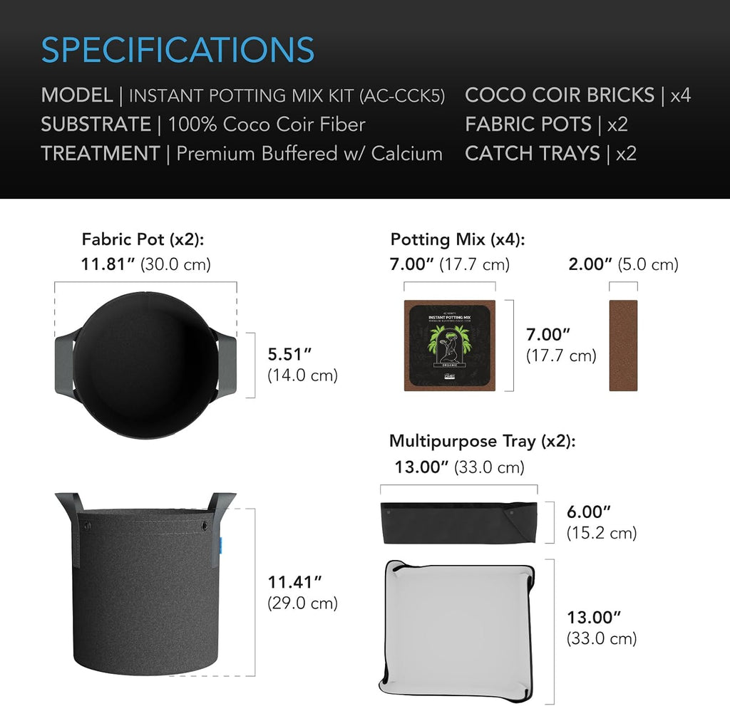 AC Infinity Instant Potting Mix Kit, 2-Plant Starter Set with Premium | Grow Kit with Buffered Coco Coir Bricks