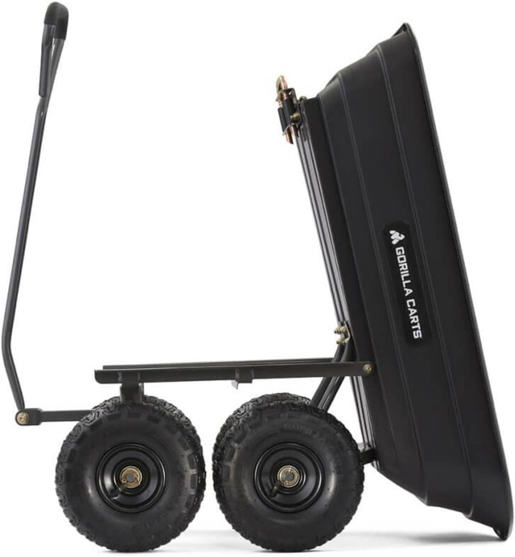 Gorilla Carts Heavy-Duty Poly Garden Dump Cart, 4 Cu Ft, 600 lb Capacity | Pneumatic Tires, Patented quick-release