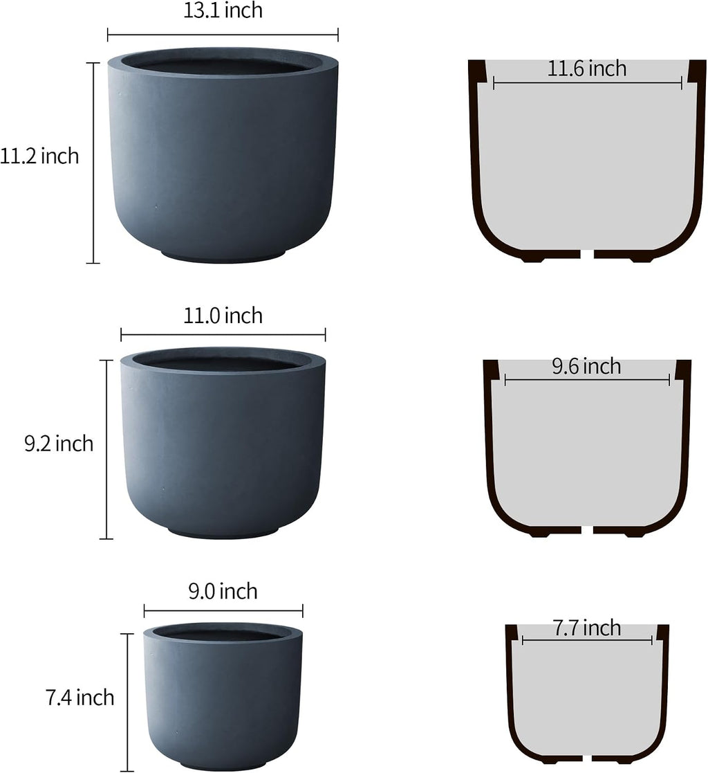 Kante Set of 3 Charcoal Concrete Capsule Planters 13.1" 11" 9" Dia | Drainage for Outdoor, Rubber Plug for Indoor Home