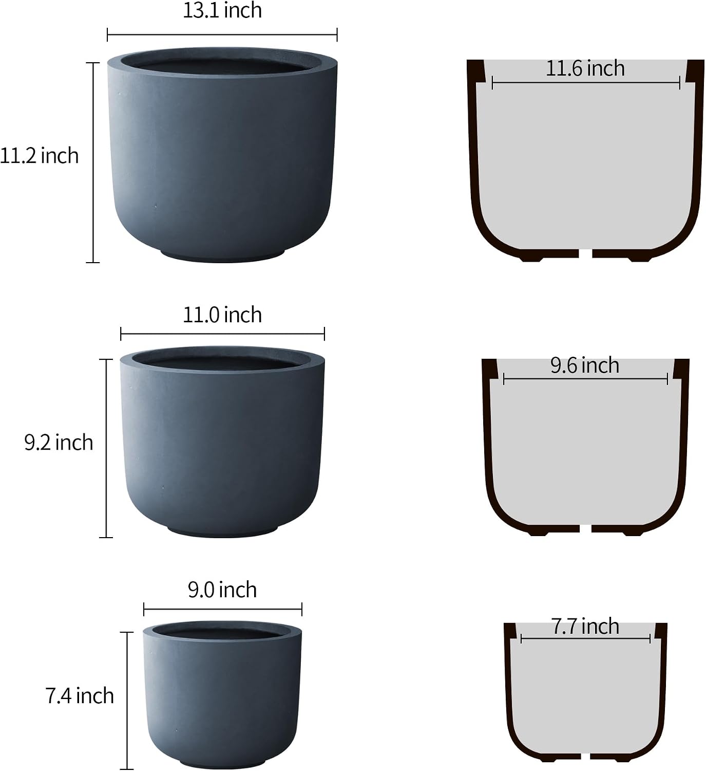 Kante Set of 3 Charcoal Concrete Capsule Planters 13.1" 11" 9" Dia | Drainage for Outdoor, Rubber Plug for Indoor Home