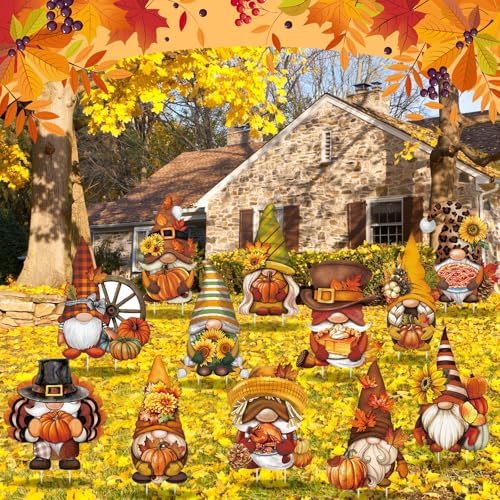 Sintuff 12 Pcs Fall Yard Stakes Gnome Lawn Signs,13.78'' Garden Stakes