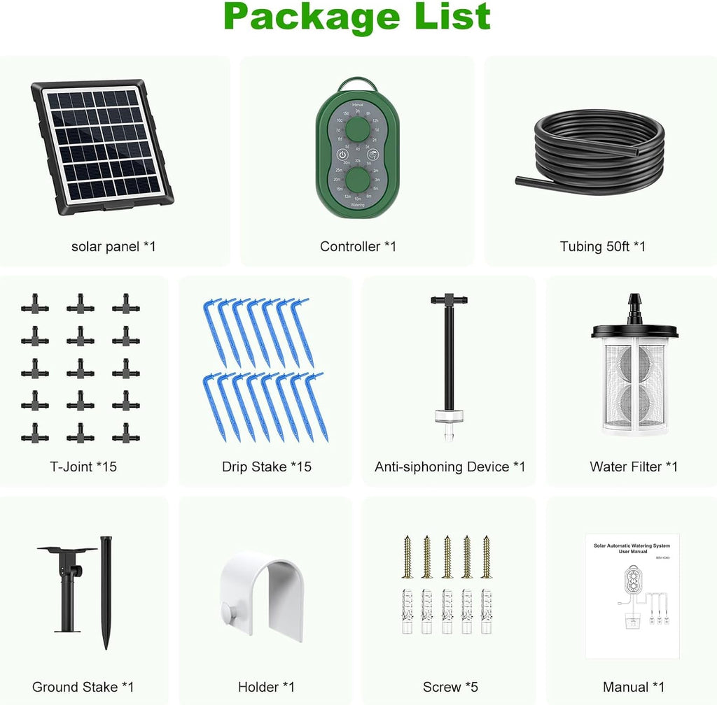 50FT Automatic Solar Drip Irrigation System, Solar Automatic Plant Waterer Kit, Supported 15 Pots, Indoor/Outdoor