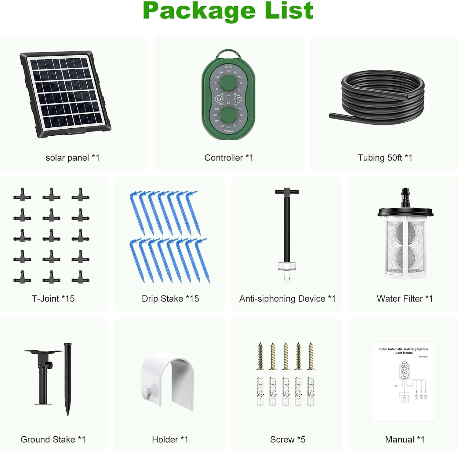 50FT Automatic Solar Drip Irrigation System, Solar Automatic Plant Waterer Kit, Supported 15 Pots, Indoor/Outdoor