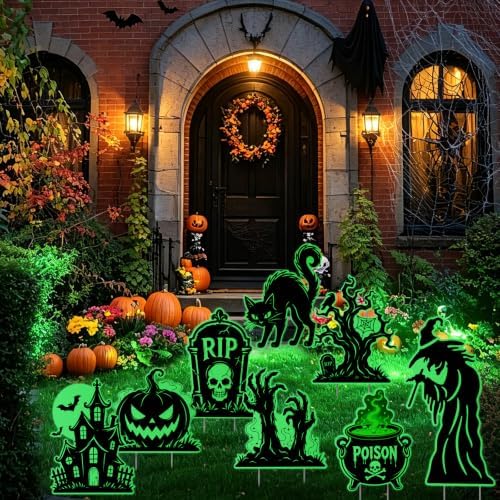 8pcs Glow Halloween Yard Signs with Stakes, Outdoor Halloween Decor