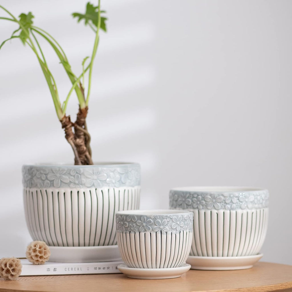 Gray Flower Pots, Texture Ceramic Plant Pots for Indoor Plants Set of 3 | Planters with Saucer | Cute Garden Pots
