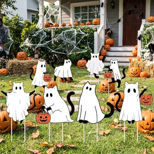 Rngmsi Halloween Yard Decorations Outdoor, 8PCS Halloween Outdoor Ghost Cat Yard Lawn Stakes, Cat Pumpkin Lawn Sign with Stakes Waterproof Halloween Garden Stakes for Outside Scary Spooky Decor