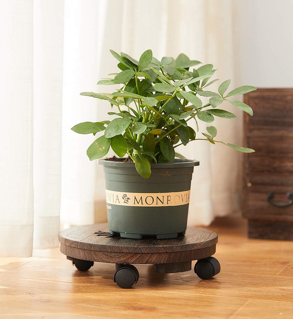 Wood Plant Caddy, Heavy Duty Rolling Planter Dolly With Rotating Casters, Movable Flower Pot Stand, Round Plant Rack