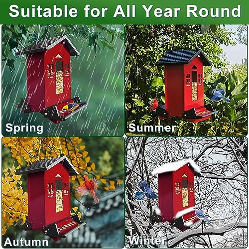 Squirrel Proof Bird Feeders for Outdoors, 6LB Metal Hanging Bird Seed Feeders, Large Wild Feeders for Cardinals,Backyard (Red)
